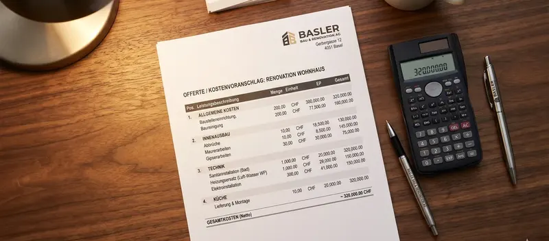 Kostenvoranschlag fuer eine Renovation mit Taschenrechner auf einem Schreibtisch
