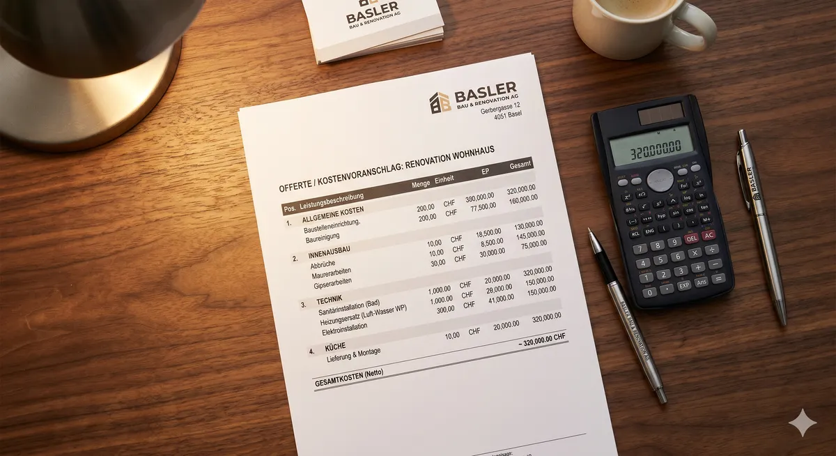 Kostenvoranschlag fuer eine Renovation mit Taschenrechner auf einem Schreibtisch
