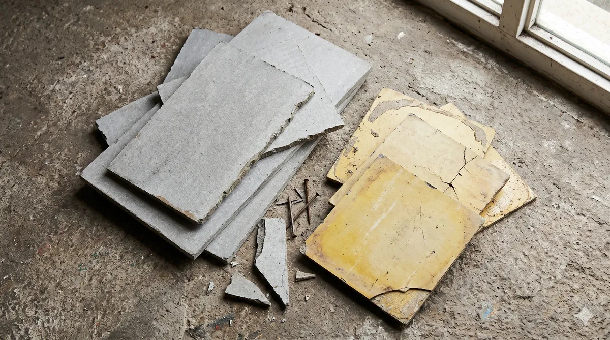Zerbrochene Asbestzementplatten-Fragmente auf einem Boden