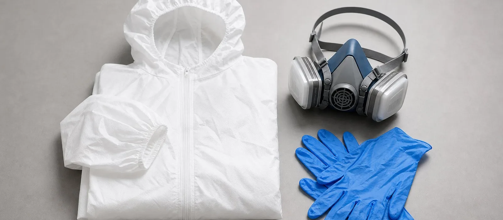 Persoenliche Schutzausruestung fuer Asbestarbeiten: Schutzanzug, Atemschutzmaske und Handschuhe