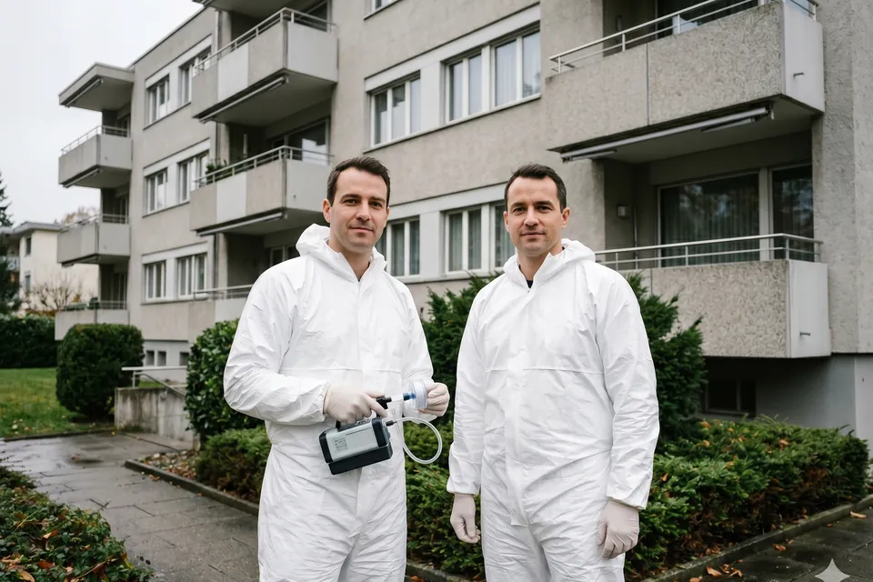 Asbestsanierung Basel – Team mit Schutzausrüstung vor Basler Mehrfamilienhaus